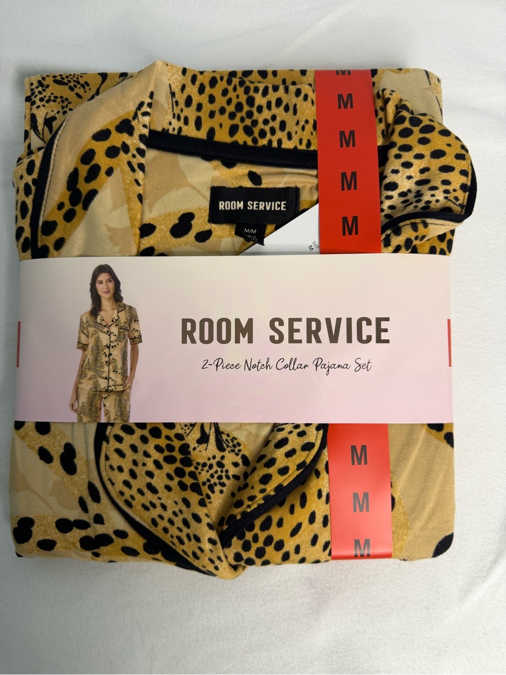Room Service Women’s Tan Leopard Print Shawl Collar Pajama Set Size M NWT
